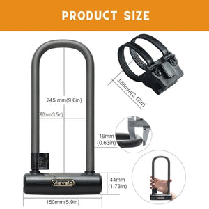 Via Velo Mini Bike U Lock Longer | 11" U Lock 20CrMnTi Steel Anti-Theft Lock with Bracket and Sold Secure Gold Approval for Road, Mountain, Electric, Folding Bikes and Electric Scooters