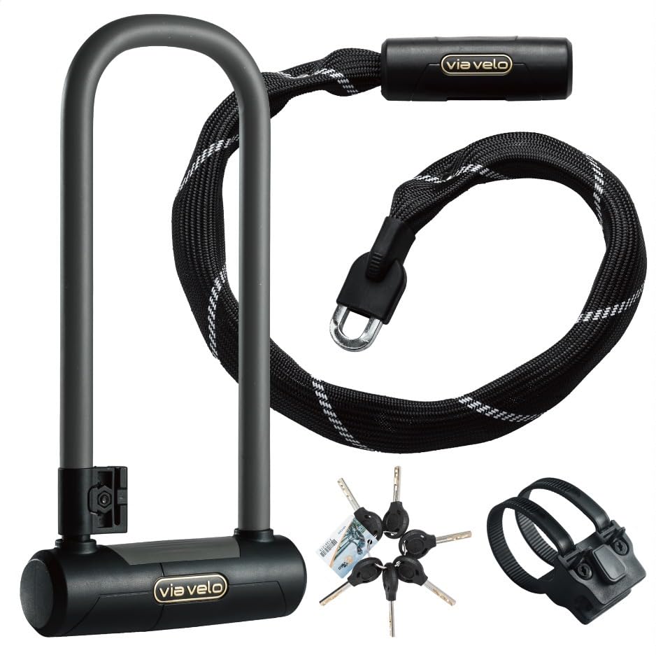 Via Velo U Lock 20CrMnTi Steel AntiTheft 16mm Shackle with Bracket and Sold Secure Gold and Bike Chain Lock, 7mm 4 Side Squre Shape Chain, 2.96ft Length, Same Key System, 6 Keyed Alike Keys