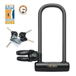 Via Velo Bike U Lock Longer | Pro U Lock 20CrMnTi Steel Anti-Theft 16mm Shackle with Bracket and Sold Secure Gold Approval for Road, Mountain, Electric, Folding Bikes and Electric Scooters