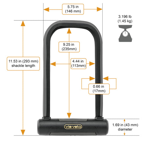 Via Velo Bike U Lock | Via Velo Elite U Lock 20CrMnTi Steel Anti-Theft 17mm Shackle Inside Size:9.25 x 4.44 in Sold Secure Diamond Approval for Electric Bike and Electric Scooter