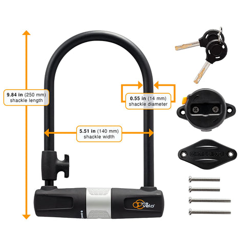 Via Velo 2 Bicycle U-Lock Set, Same Key System 4 Keyed Alike Keys, Heavy Duty Sold Secure 14mm Shackle and 10mm x 1.8m Cable with Mounting Bracket for Road Bike Mountain Bike Folding Bike