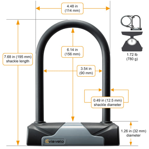 Via Velo Bike U Lock | Via Velo Elite Short U Lock 20CrMnTi Steel Anti-Theft 17mm Shackle Inside Size: 4.7 x 5.7 in Sold Secure Diamond Approval for Electric Bikes, Scooters & Folding Bikes