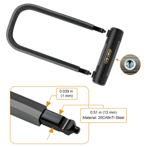 Via Velo Bike U Lock | Via Velo Elite U Lock 20CrMnTi Steel Anti-Theft 17mm Shackle Inside Size:9.25 x 4.44 in Sold Secure Diamond Approval for Electric Bike and Electric Scooter