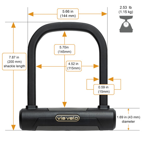 Via Velo Bike U Lock - Heavy Duty 17mm Shackle, 4.7