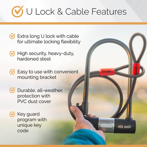 Via Velo 2 Bike Lock Set Same Key System 4 Keyed Alike with 2 Cables | Bicycle U Lock Shackle Sold Secure Siver, Bike Lock for Road Bike Mountain Bike Electric Bike Folding Bike