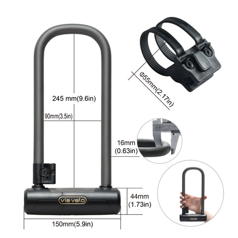 Via Velo Bike U Lock and Cable | Pro Anti-Theft 15mm Shackle 20CrMnTi Steel U Lock with Bracket, Inside Size:9.6 x 3.5 in Sold Secure Gold for Road, Mountain, Electric, Folding Bikes & Scooters