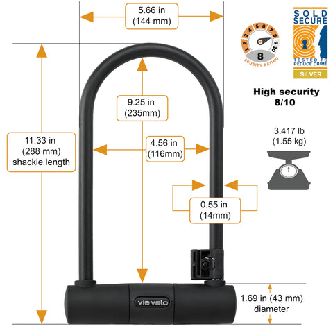 Via Velo Bike U Lock with Cable | Classic U Lock Heavy Duty Anti-Theft 15mm Shackle Innerside 9.25 x 4.5 in Sold Secure Silver Approval with 6Ft Cable Security Lock for Bike Electric Bike Scooter