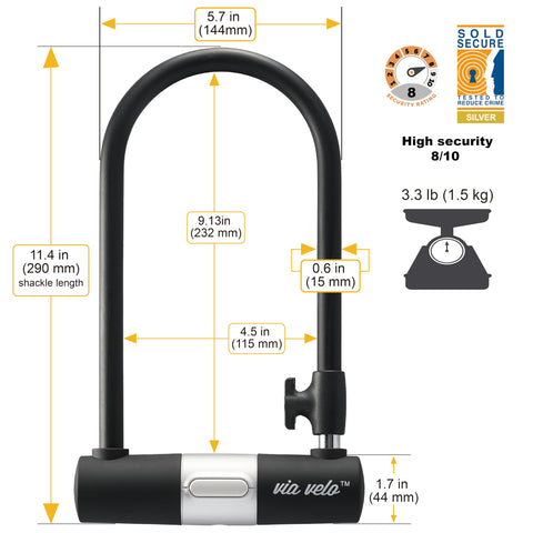 Bike U Lock with Cable | Via Velo Heavy Duty Anti-Theft Bicycle U Lock Sold Secure Silver 15mm Shackle Inner Dim 9 x 4.5 in with 10mm x 6Ft Length Cable Security Lock for Bike Electric Bike Scooter