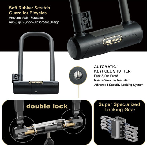 Via Velo Bike U Lock Longer | Pro U Lock 20CrMnTi Steel Anti-Theft 16mm Shackle with Bracket and Sold Secure Gold Approval for Road, Mountain, Electric, Folding Bikes and Electric Scooters