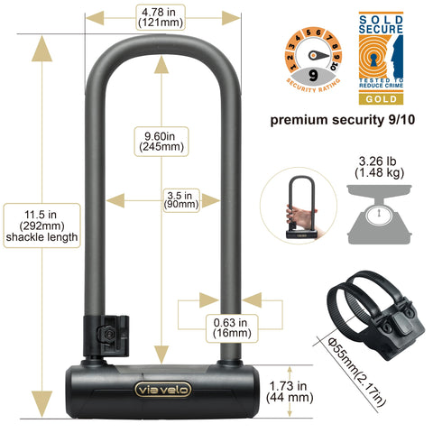 Via Velo Bike U Lock Longer | Pro U Lock 20CrMnTi Steel Anti-Theft 16mm Shackle with Bracket and Sold Secure Gold Approval for Road, Mountain, Electric, Folding Bikes and Electric Scooters