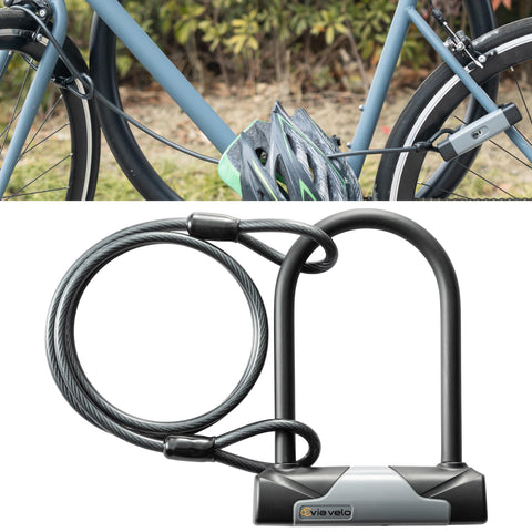 Via Velo 2 Bike U-Lock with Cable Set, Heavy Duty Anti-Theft Bicycle U Locks with 8 mm x 4ft Braided Steel, Same Key System 4 Keyed Alike Keys for E-Bike, Scooter Mountain Road Bike