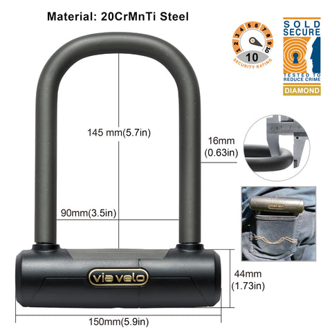 Via Velo U Lock 2 Sets Same Key System 6 Keyed Alike | Heavy Duty 20CrMnTi Mini U Locks 16mm with Sold Secure Diamond Approval for Scooter and Electric Scooter and Perfect for famliy Kids and Couple