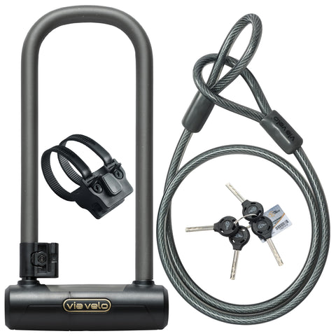 Via Velo Bike U Lock and Cable | Pro Anti-Theft 15mm Shackle 20CrMnTi Steel U Lock with Bracket, Inside Size:9.6 x 3.5 in Sold Secure Gold for Road, Mountain, Electric, Folding Bikes & Scooters