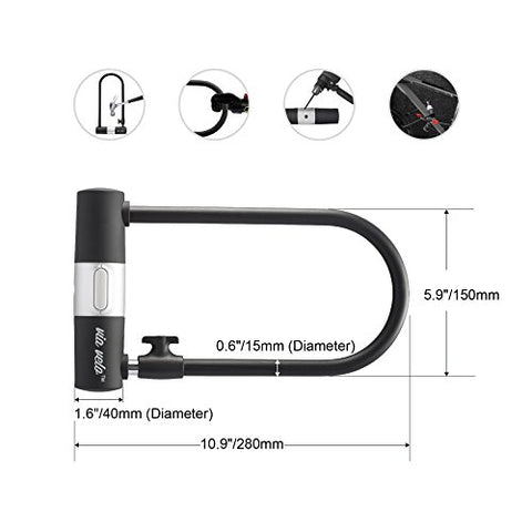 Via Velo Bicycle U-Lock-Heavy duty 15mm and longer Shackle for 2 bikes and 10mm x1.2m Cable - ViaVelo