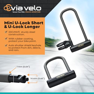 Via Velo Mini U-Lock Short and Mini U-Lock Longer | 2 U Locks 16mm with Gold Secure Rate for e-Bike Batteries and Frames. with Matching Keys and Protection in Low-Risk
