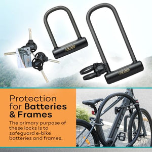 Via Velo Mini U-Lock Short and Mini U-Lock Longer | 2 U Locks 16mm with Gold Secure Rate for e-Bike Batteries and Frames. with Matching Keys and Protection in Low-Risk